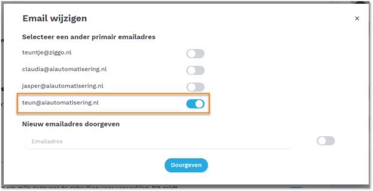 primair emailadres selecteren site