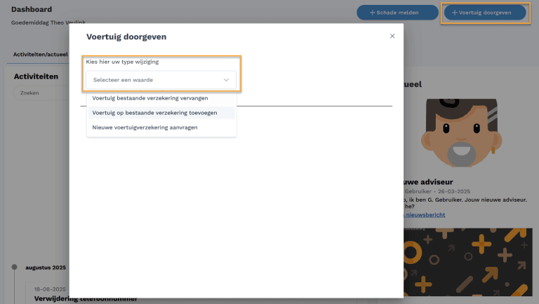 beginscherm voertuigwijziging doorgeven in Appviseurs web