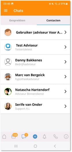chatscherm contacten Appviseurs app